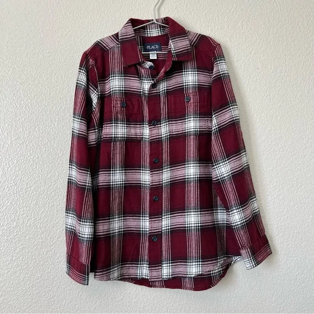 The Children’s Place red white plaid button up flannel shirt long sleeve